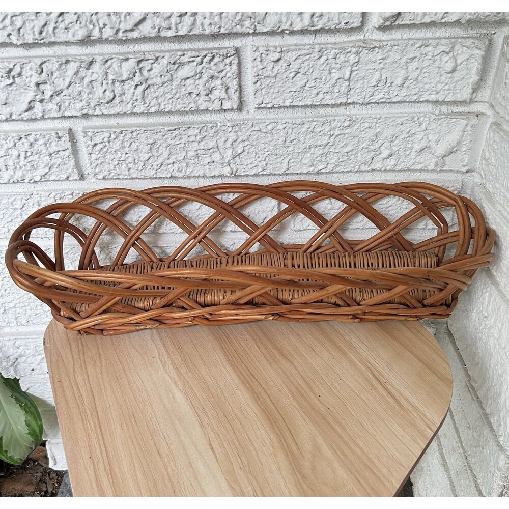 Vintage Madeira French Baguette Natural Rattan Basket Handmade Brown Lattice